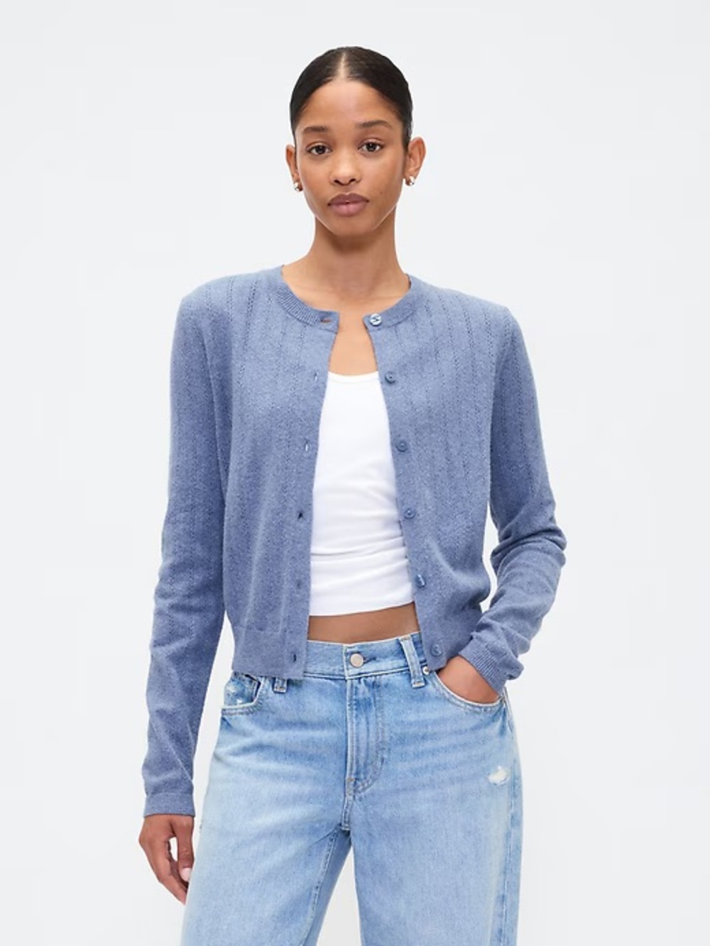 GAP Factory Light Blue Pointelle Button Cardigan - Picture 3 of 7